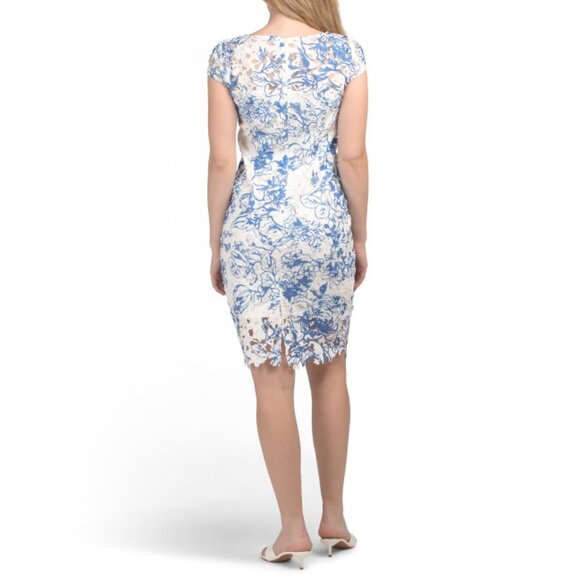 ADRIANNA PAPELL Ivory/blue Short Sleeve Floral Lace Cocktail Dress - Picture 2 of 2